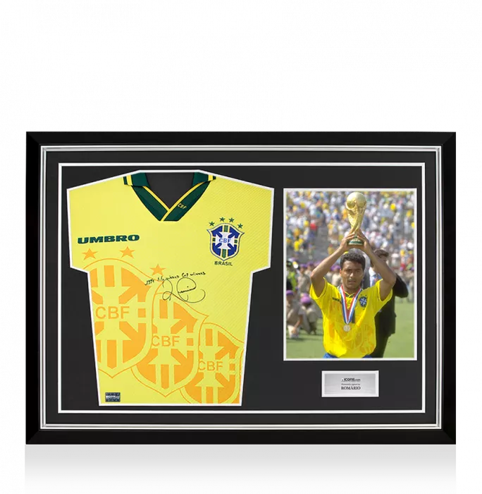 icons Romario Front Signed Brazil 1996 Home Shirt - "1994 World Cup Winner" Inscription In Hero Frame: Option 1