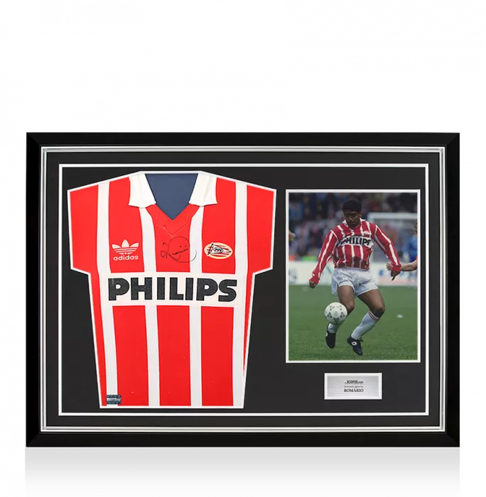 icons Romario Front Signed PSV Eindhoven 1992-94 Home Shirt In Hero Frame: Option 1