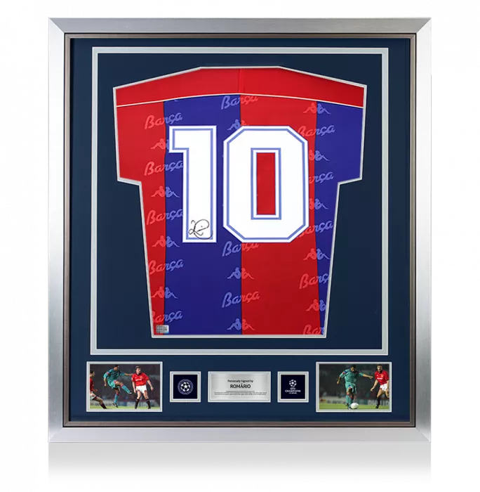 icons Romario Official UEFA Champions League Back Signed and Framed FC Barcelona 1992-95 Home Shirt with Fan Style Numbers