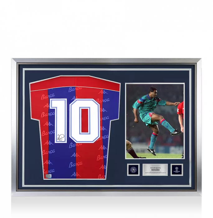 icons Romario Official UEFA Champions League Back Signed and Hero Framed FC Barcelona 1992-95 Home Shirt with Fan Style Numbers