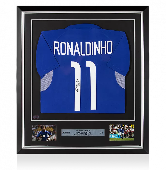 icons Ronaldinho Back Signed and Framed Brazil 2002 Away Shirt