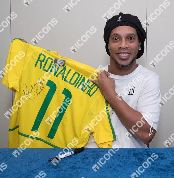 Icons Ronaldinho Back Signed And Framed Brazil 2002 Home Shirt