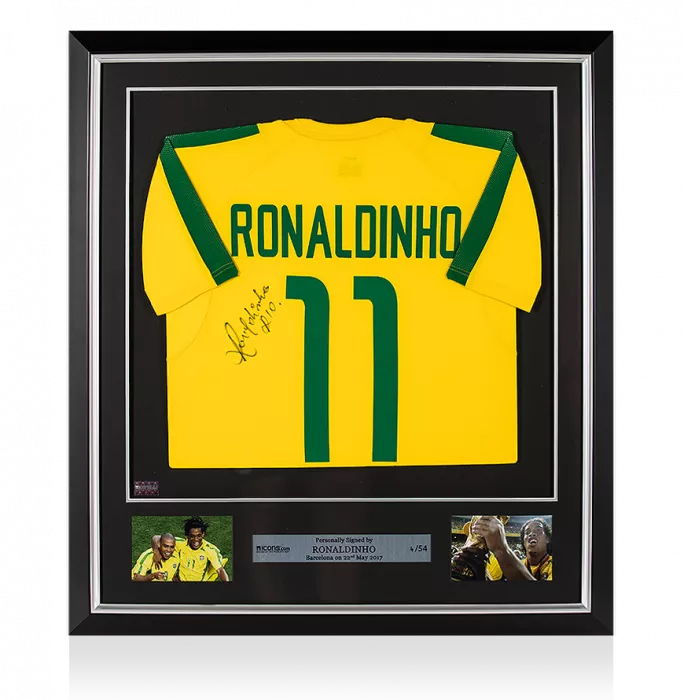 icons Ronaldinho Back Signed and Framed Brazil 2002 Home Shirt