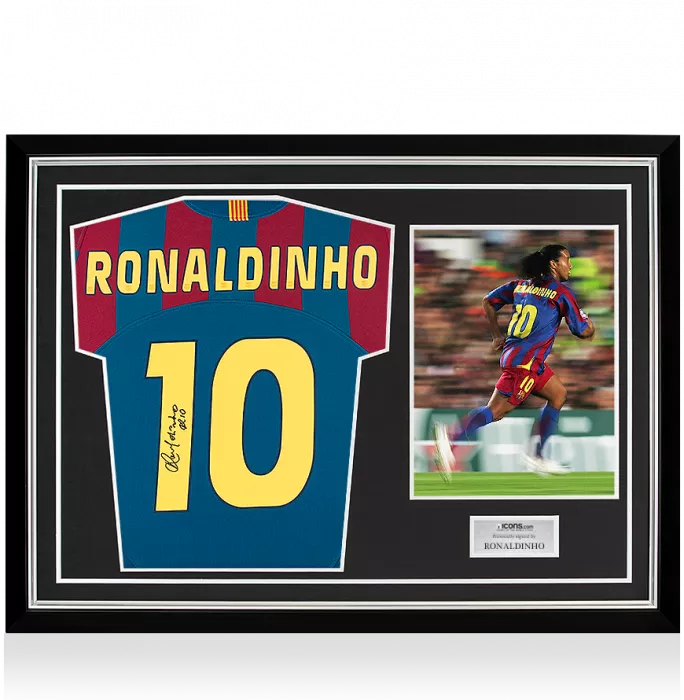 icons Ronaldinho Back Signed FC Barcelona 2005-06 Home Shirt In Hero Frame: Option 1