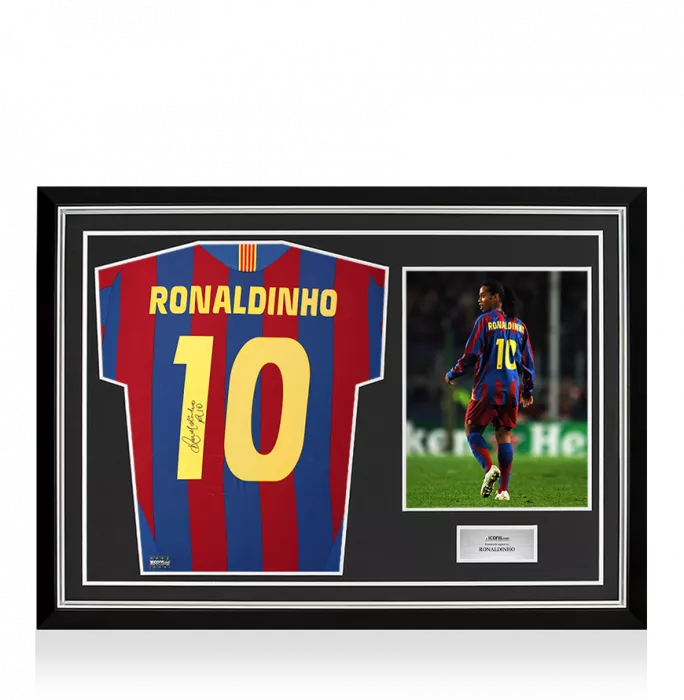 icons Ronaldinho Back Signed FC Barcelona 2005-06 Home Shirt with Fan Style Numbers In Hero Frame: Option 1