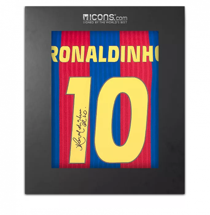 icons Ronaldinho Back Signed FC Barcelona 2016-17 Home Shirt with Fan Style Numbers In Deluxe Packaging