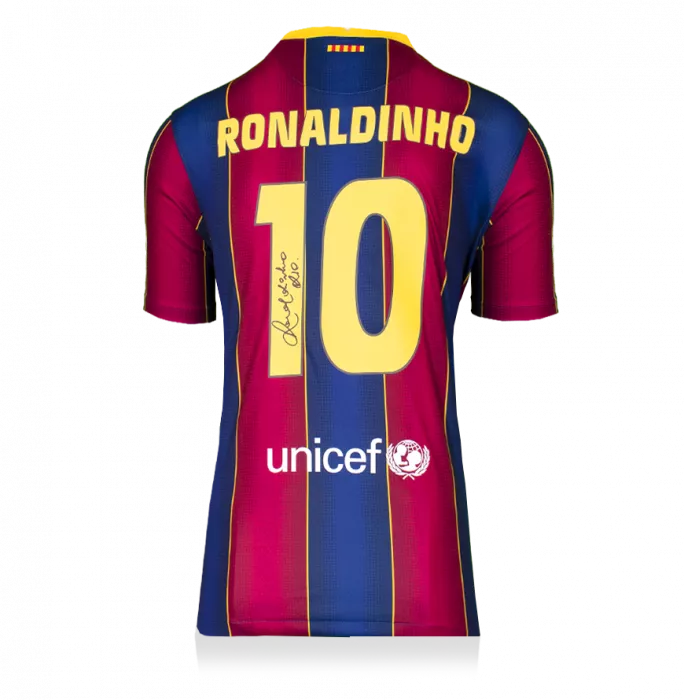 Icons Ronaldinho Back Signed Modern FC Barcelona Home Shirt With Fan Style Numbers In Hero Frame: Option 2