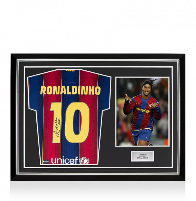 icons Ronaldinho Back Signed Modern FC Barcelona Home Shirt With Fan Style Numbers In Hero Frame: Option 1