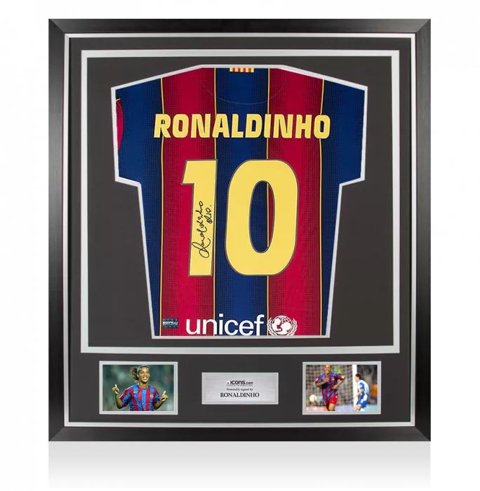 icons Ronaldinho Back Signed Modern FC Barcelona Home Shirt With Fan Style Numbers In Classic Frame