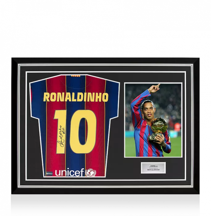 icons Ronaldinho Back Signed Modern FC Barcelona Home Shirt With Fan Style Numbers In Hero Frame: Option 2