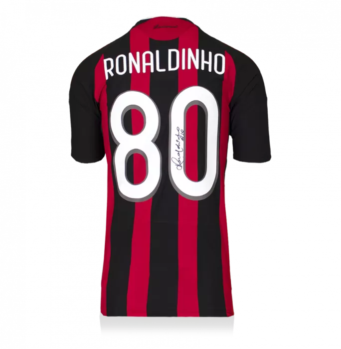 Icons Ronaldinho Back Signed Retro AC Milan Home Shirt With Fan Style Numbers In Hero Frame: Option 1