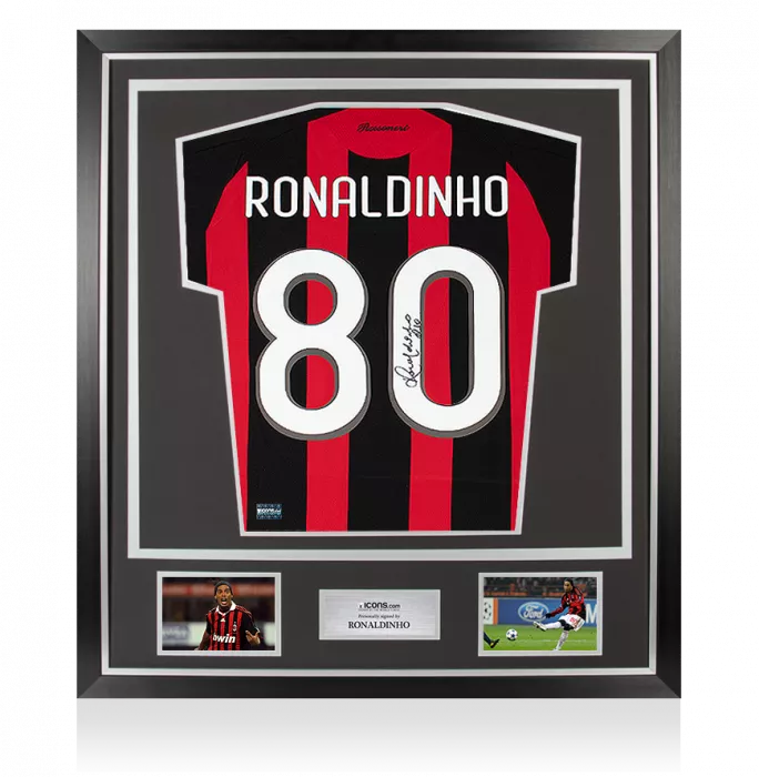 icons Ronaldinho Back Signed Retro AC Milan Home Shirt With Fan Style Numbers In Classic Frame