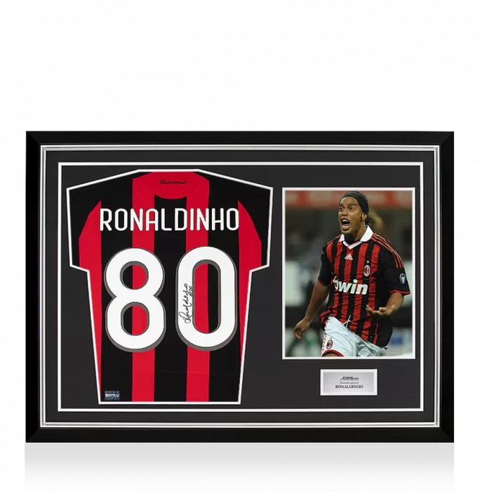 icons Ronaldinho Back Signed Retro AC Milan Home Shirt With Fan Style Numbers In Hero Frame: Option 1