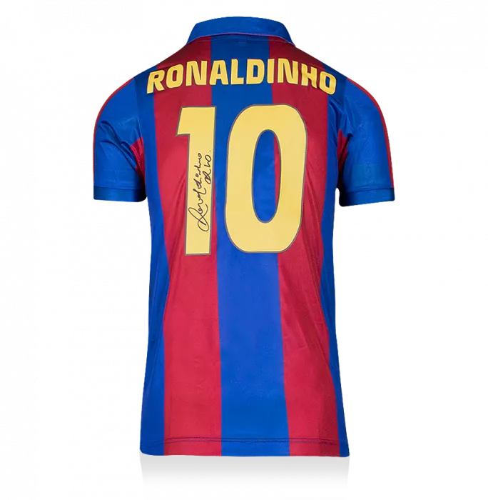 icons Ronaldinho Back Signed Retro FC Barcelona Home Shirt With Fan Style Numbers
