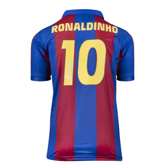 icons Ronaldinho Back Signed Retro FC Barcelona Home Shirt With Fan Style Numbers: Signed In Silver