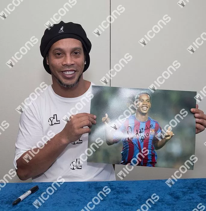 Icons Ronaldinho Black Signed FC Barcelona Photo In Black Wooden Frame: Barca's Brilliant Brazilian