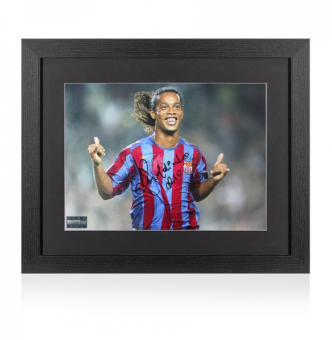 icons Ronaldinho Black Signed FC Barcelona Photo In Black Wooden Frame: Barca's Brilliant Brazilian