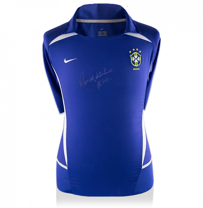 icons Ronaldinho Front Signed Brazil 2002 Away Shirt In Silver