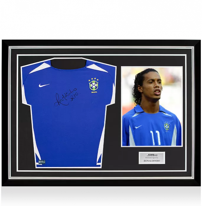 icons Ronaldinho Front Signed Brazil 2002 Away Shirt In Hero Frame: Option 1