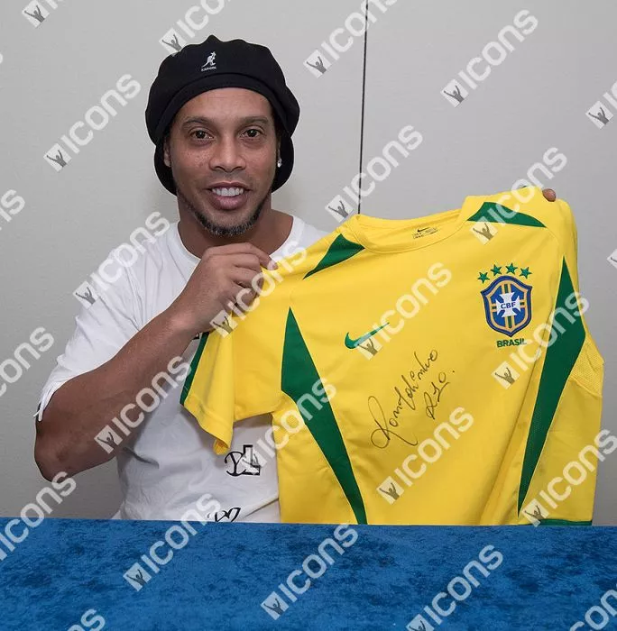 Icons Ronaldinho Front Signed Brazil 2002 Home Shirt In Hero Frame: Option 1