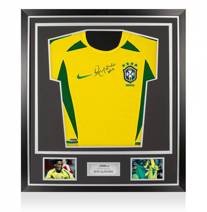 icons Ronaldinho Front Signed Brazil 2002 Home Shirt In Classic Frame