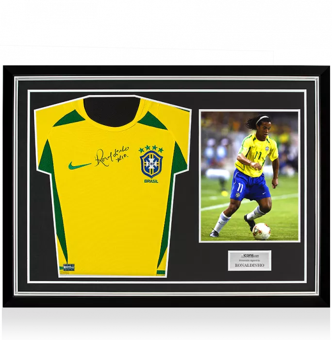 icons Ronaldinho Front Signed Brazil 2002 Home Shirt In Hero Frame: Option 1