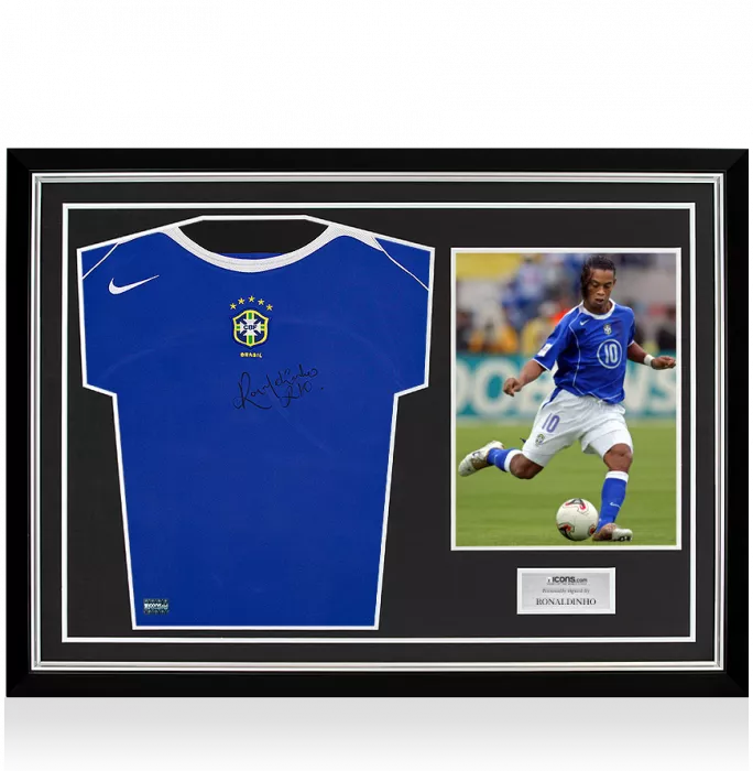 icons Ronaldinho Front Signed Brazil 2004 Away Shirt In Hero Frame: Option 1