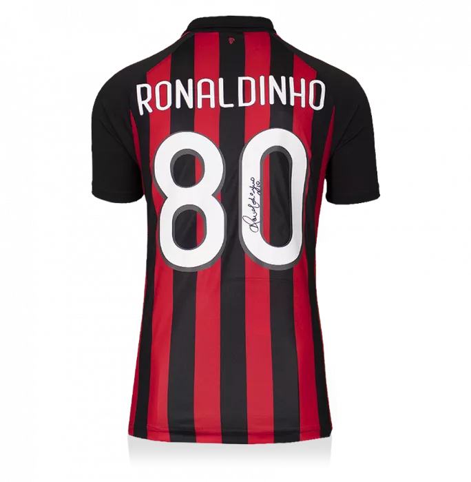 Icons Ronaldinho Official AC Milan Back Signed And Framed Modern Home Shirt With Fan Style Numbers