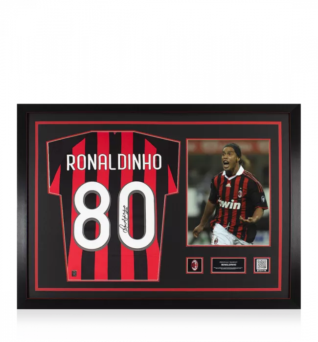 icons Ronaldinho Official AC Milan Back Signed and Framed Modern Home Shirt With Fan Style Numbers