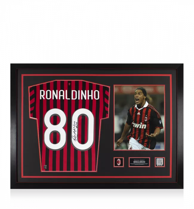 icons Ronaldinho Official AC Milan Back Signed and Framed Modern Home Shirt With Fan Style Numbers