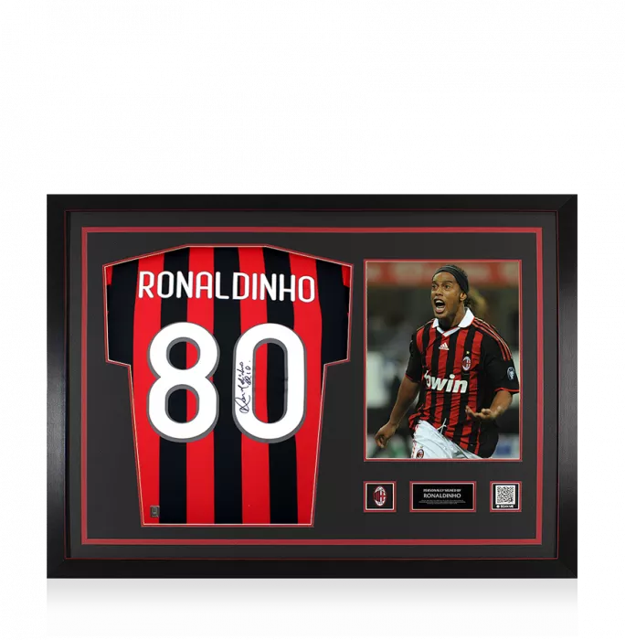 icons Ronaldinho Official AC Milan Back Signed and Framed Retro Shirt