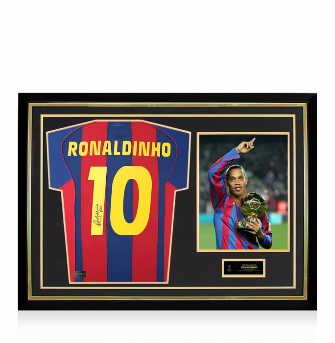 icons Ronaldinho Official Ballon d'Or™ Back Signed and Hero Framed Back Signed FC Barcelona 2004-05 Home Shirt