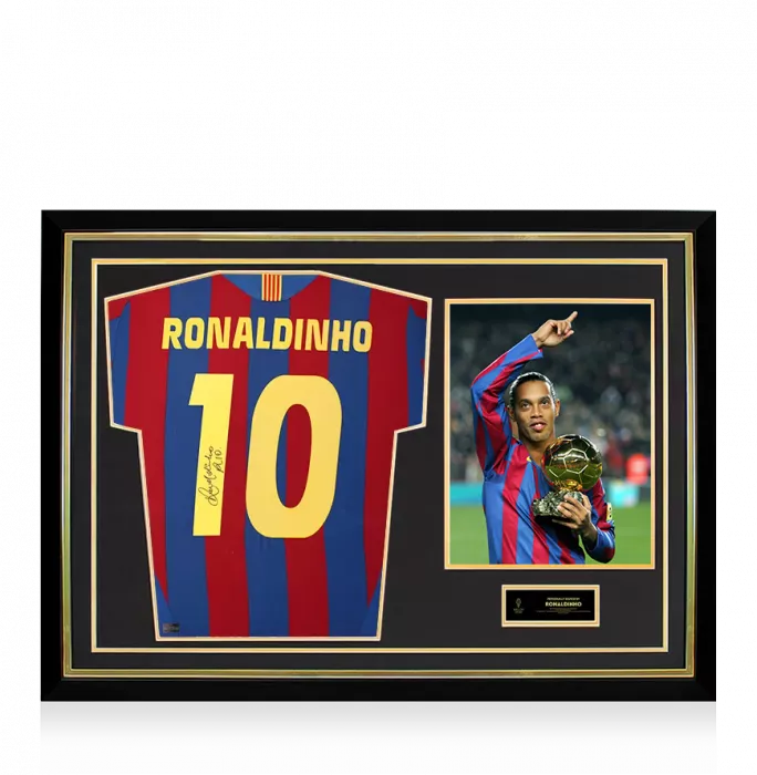 icons Ronaldinho Official Ballon d'Or™ Back Signed and Hero Framed FC Barcelona 2005-06 Home Shirt with Fan Style Numbers