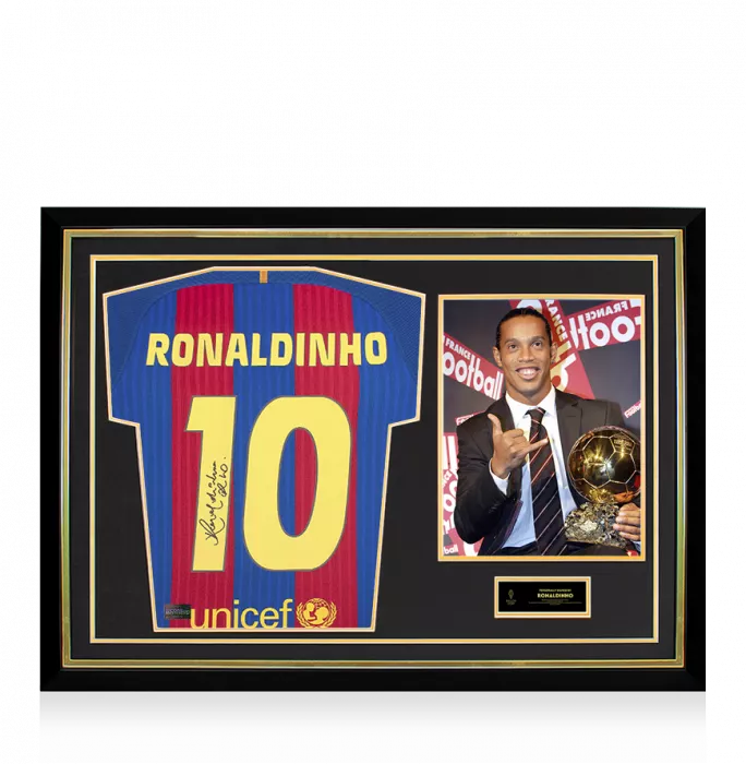 icons Ronaldinho Official Ballon d'Or™ Back Signed and Hero Framed FC Barcelona 2016-17 Home Shirt