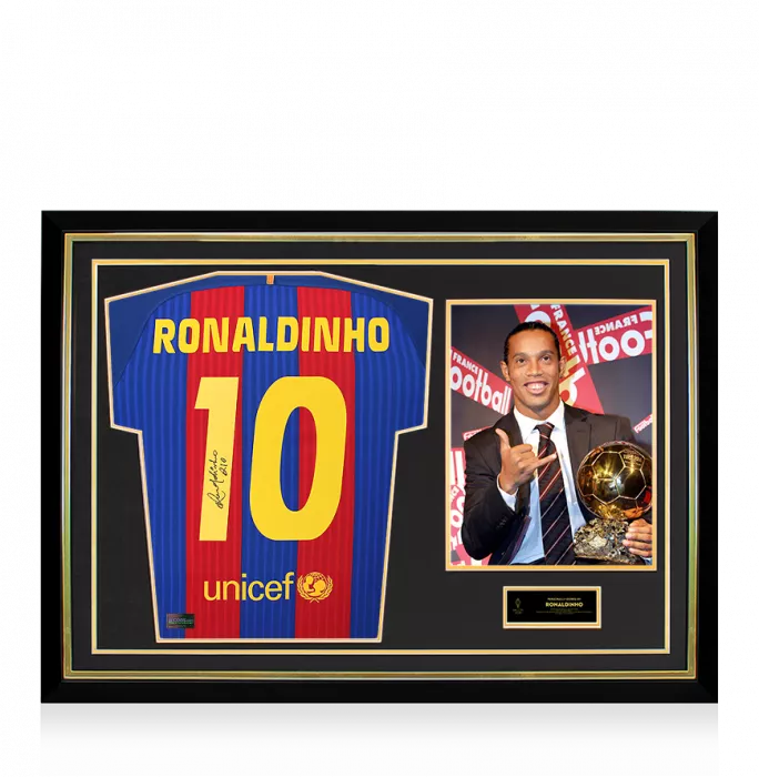 icons Ronaldinho Official Ballon d'Or™ Back Signed and Hero Framed FC Barcelona 2016-17 Home Shirt