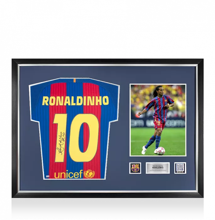 icons Ronaldinho Official FC Barcelona Back Signed and Framed 2016-17 Home Shirt with Fan Style Numbers