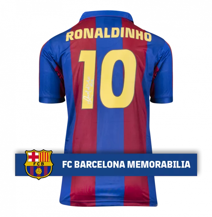 Icons Ronaldinho Official FC Barcelona Back Signed And Framed Retro Home Shirt With Fan Style Numbers: Signed In Silver