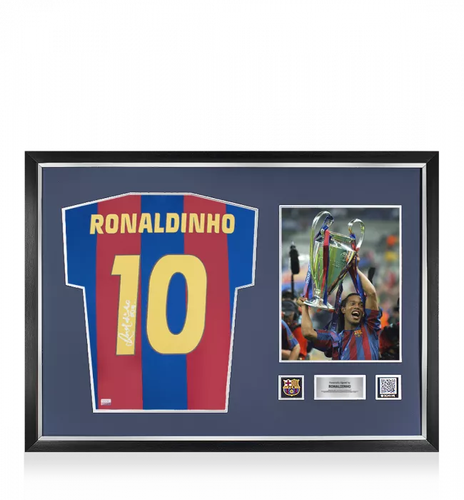 icons Ronaldinho Official FC Barcelona Back Signed and Framed Retro Home Shirt With Fan Style Numbers: Signed In Silver