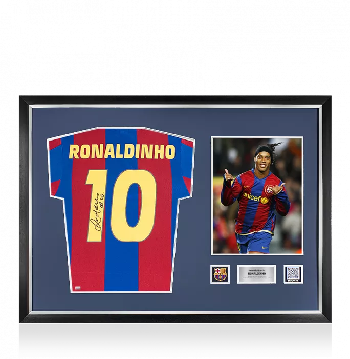 icons Ronaldinho Official FC Barcelona Back Signed and Framed Retro Home Shirt With Fan Style Numbers