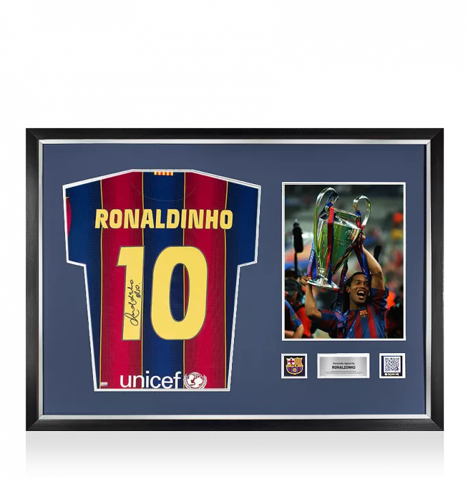 icons Ronaldinho Official FC Barcelona Back Signed and Framed Modern Home Shirt With Fan Style Numbers