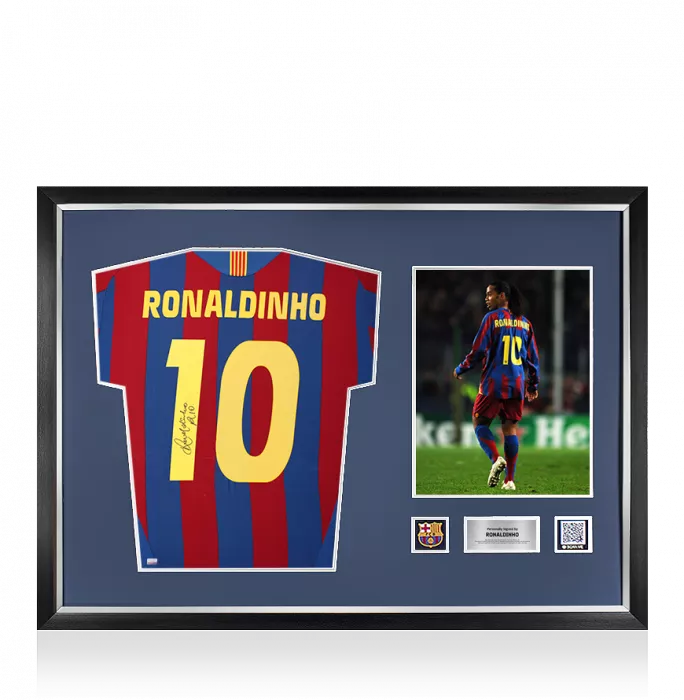 icons Ronaldinho Official FC Barcelona Back Signed and Framed 2005-06 Home Shirt with Fan Style Numbers