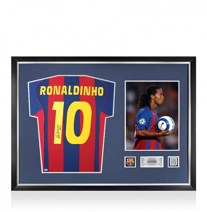 icons Ronaldinho Official FC Barcelona Back Signed and Framed 2004-05 Home Shirt