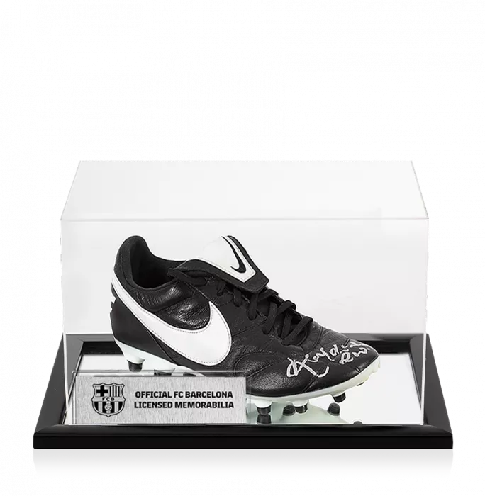 Icons Ronaldinho Official FC Barcelona Signed Black And White Nike Boot In Acrylic Case