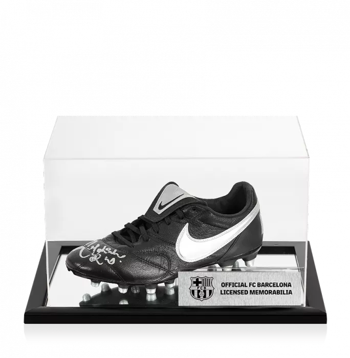 icons Ronaldinho Official FC Barcelona Signed Black and Silver Nike Boot In Acrylic Case