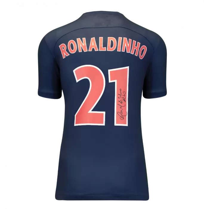 Icons Ronaldinho Official Paris Saint-Germain Back Signed And Framed Modern Home Shirt With Fan Style Numbers: Number 21 Edition
