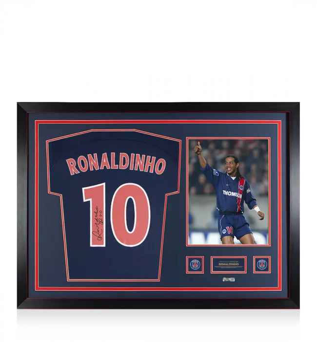 icons Ronaldinho Official Paris Saint-Germain Back Signed and Framed Modern Home Shirt With Fan Style Numbers: Number 10 Edition