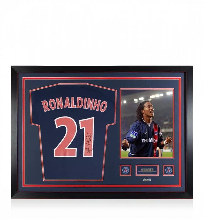 icons Ronaldinho Official Paris Saint-Germain Back Signed and Framed Modern Home Shirt With Fan Style Numbers: Number 21 Edition