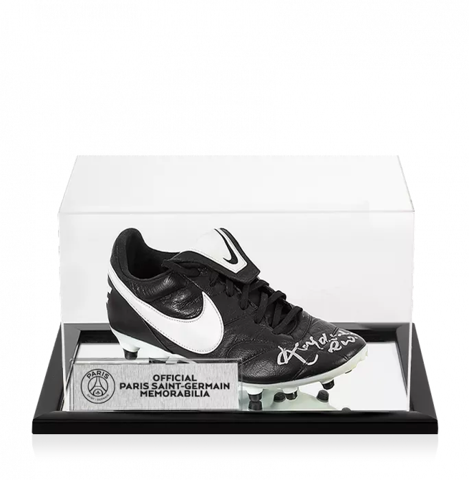 icons Ronaldinho Official Paris Saint-Germain Signed Black and White Nike Boot In Acrylic Case