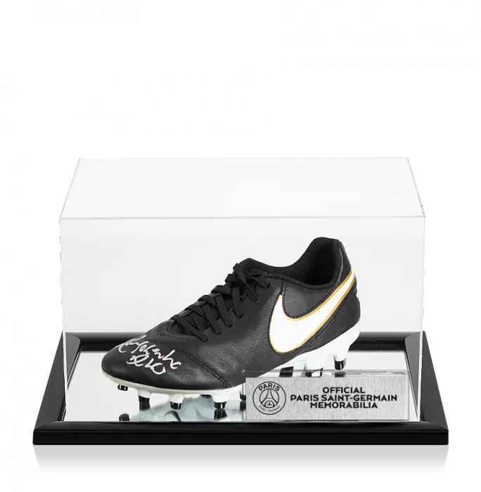 icons Ronaldinho Official Paris Saint-Germain Signed Black Nike Tiempo Boot In Acrylic Case