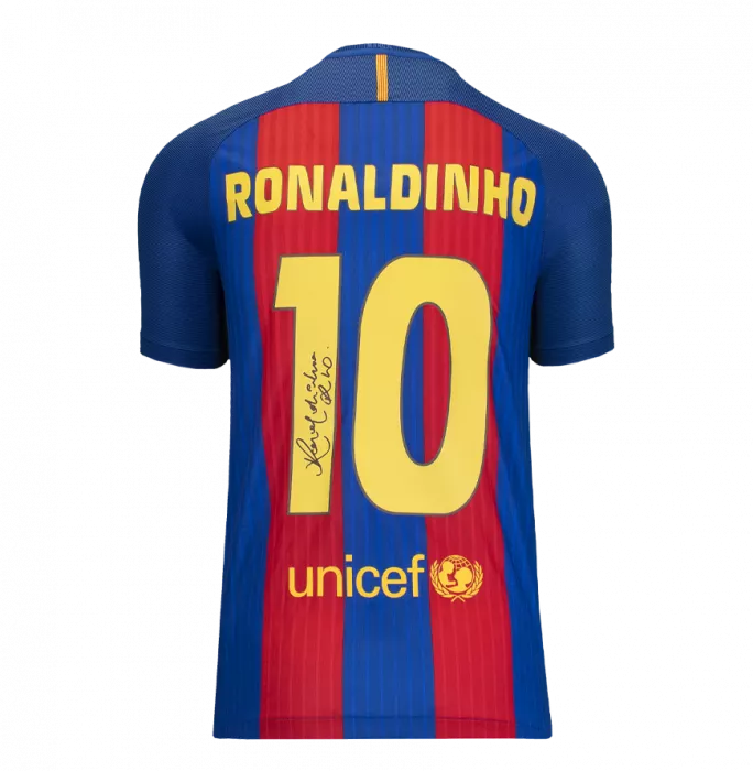 Icons Ronaldinho Official UEFA Champions League Back Signed And Hero Framed FC Barcelona 2016-17 Home Shirt With Fan Style Numbers